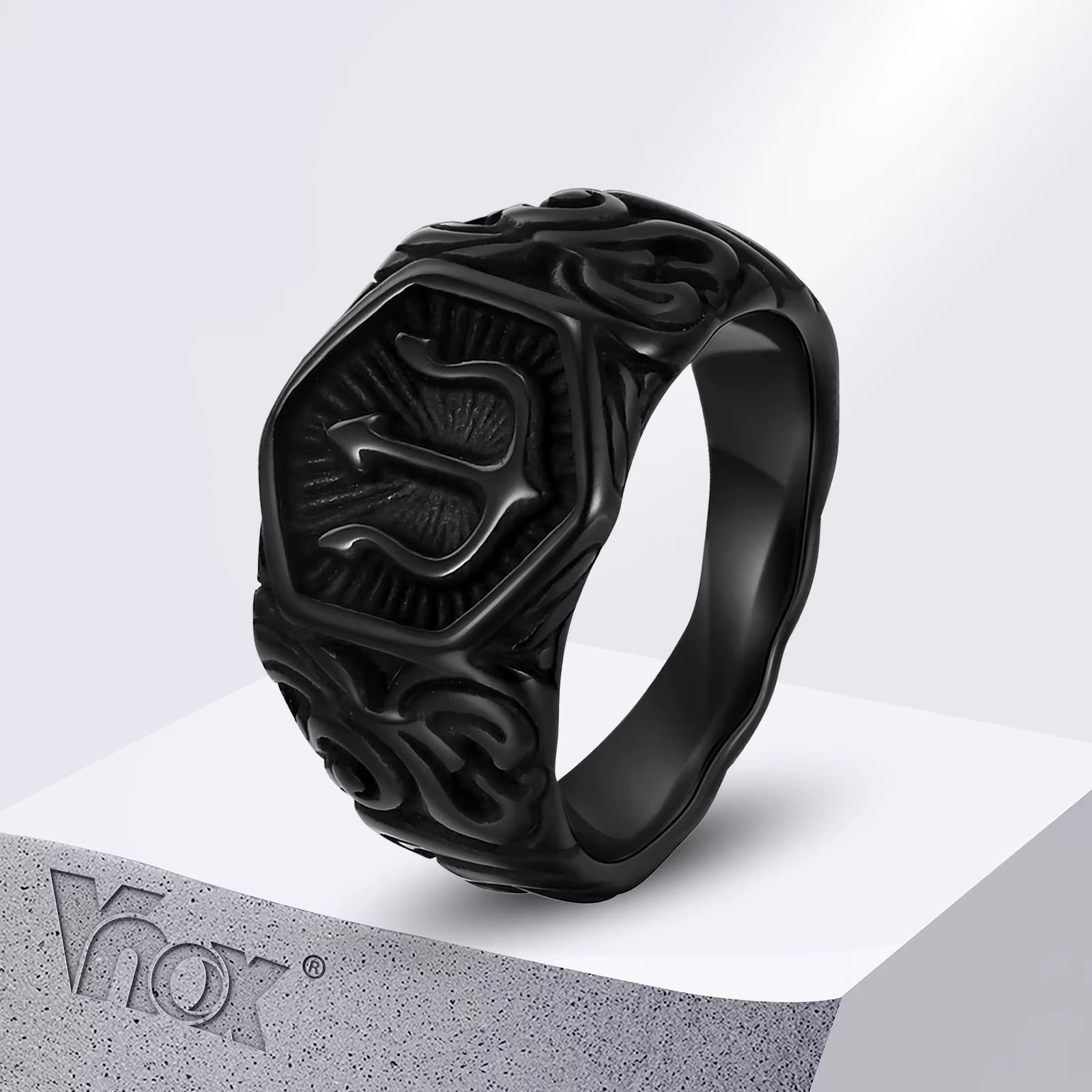Black Tridant Signet Ring for Men, 13.3Mm Chunky Wide Hexagon Geometric Top Finger Band, Strength Power Symbol Jewelry