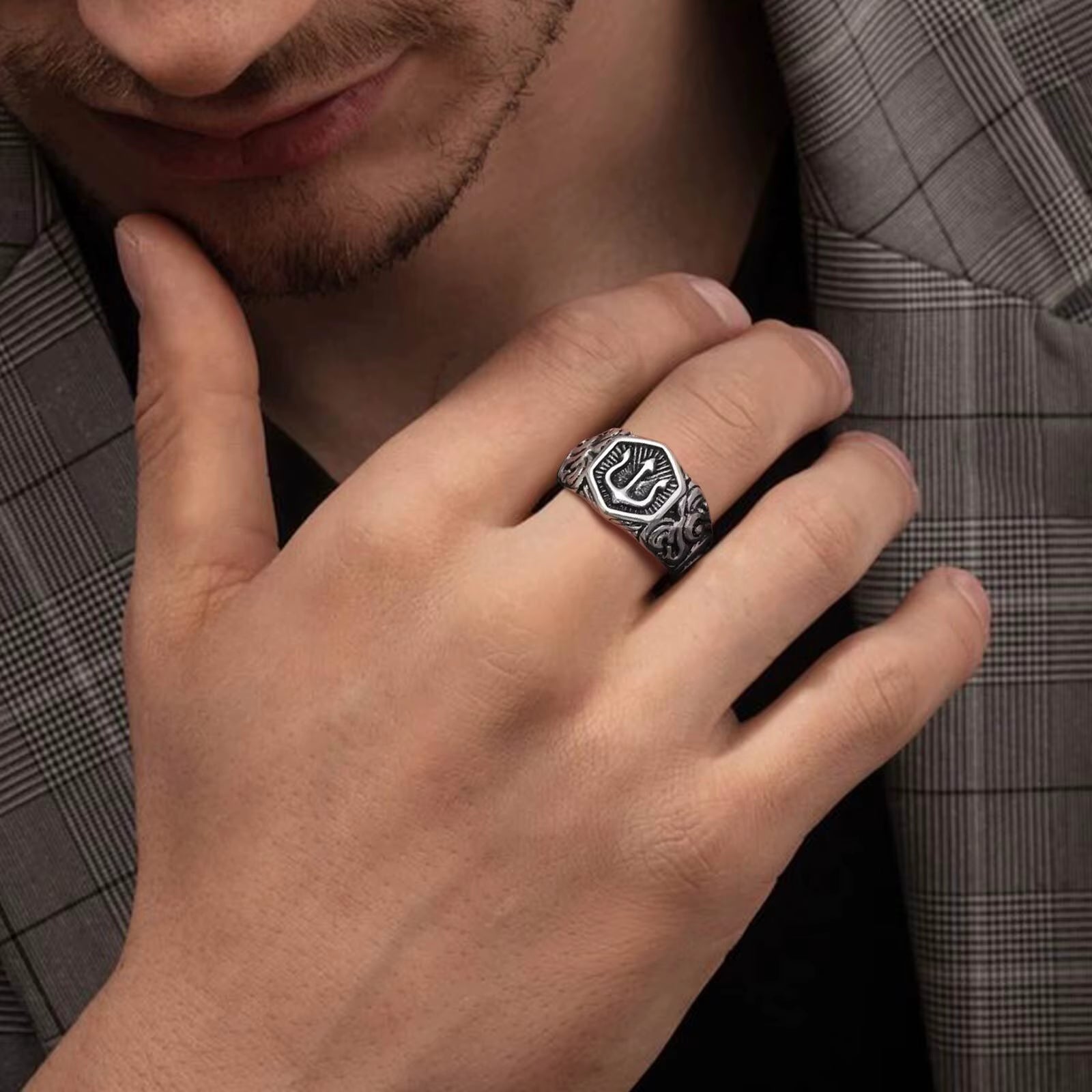 Black Tridant Signet Ring for Men, 13.3Mm Chunky Wide Hexagon Geometric Top Finger Band, Strength Power Symbol Jewelry